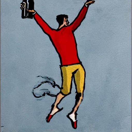 Prompt: artistic rendition of a man jumping in the while holding a bottle, very expressive