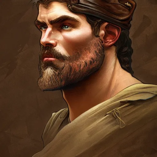 Image similar to portrait of a rugged ranger, muscular, upper body, hairy torso, D&D, fantasy, intricate, elegant, highly detailed, digital painting, artstation, concept art, smooth, sharp focus, illustration, art by alphonse mucha