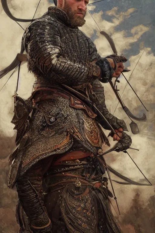 Image similar to jason statham ultra realistic illustration, mongol horse archer warrior in style armor from 1 9 3 2, sci - fi, fantasy, intricate, elegant, highly detailed, digital painting, artstation, concept art, smooth, sharp focus, illustration, art by artgerm and greg rutkowski and alphonse mucha