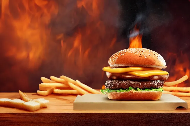 Image similar to mcdonalds hamburger burning to a crisp, commercial photography