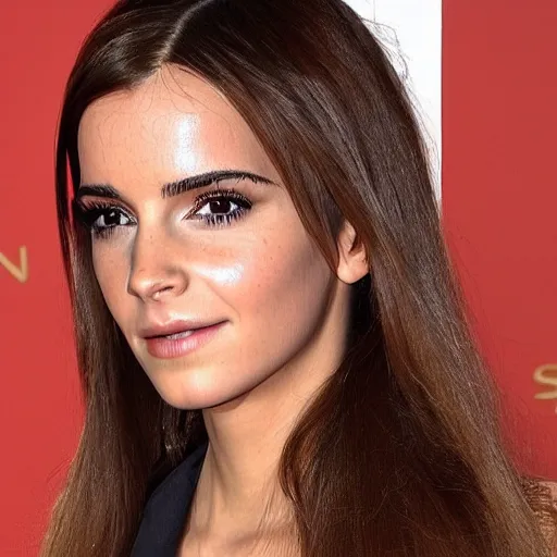 Image similar to a woman who is a genetic combination of kim kardashian and emma watson face and upper - body focus