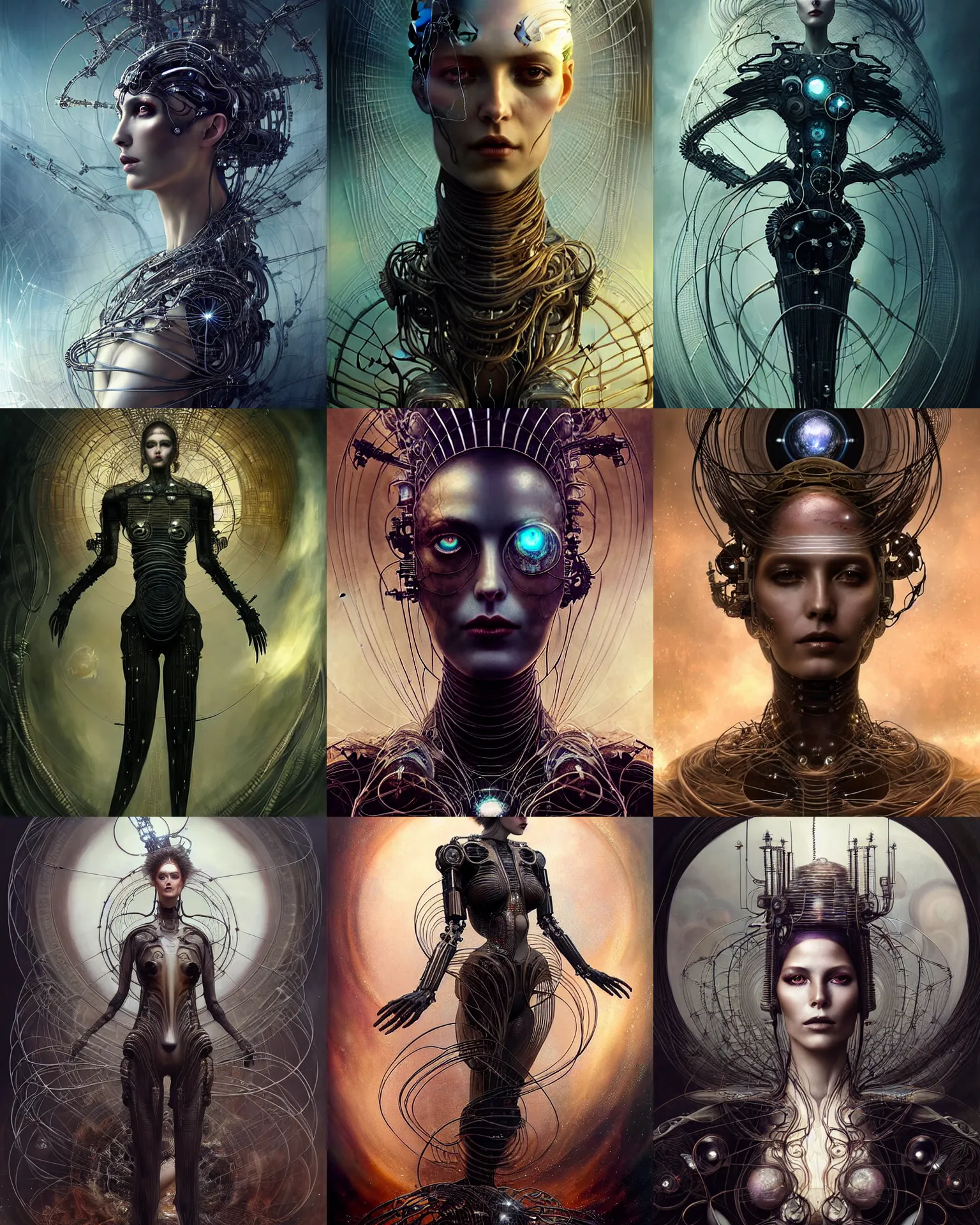 Prompt: karol bak and tom bagshaw and bastien lecouffe - deharme full body character portrait of the borg queen of sentient parasitic flowing ai, floating in a powerful zen state, supermodel, beautiful and ominous, wearing combination of mecha and bodysuit made of wires and fractal ceramic, machinery enveloping nature in the background, scifi character render