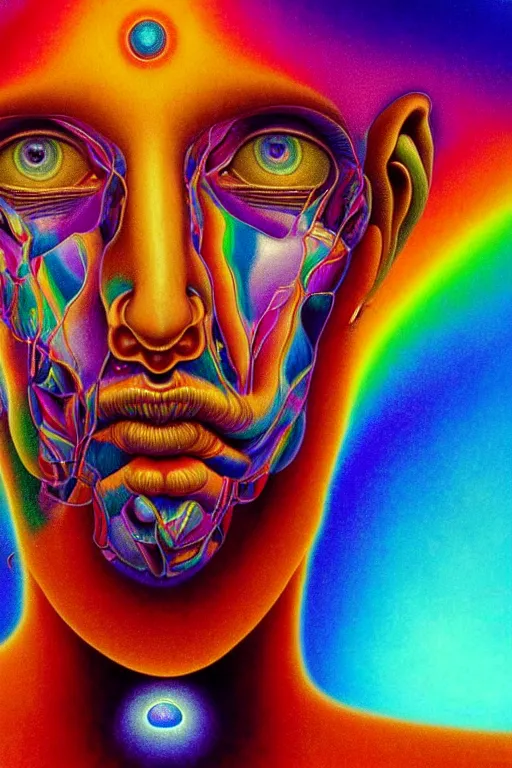 Prompt: hyperrealistic abstract close-up portrait Renaissance psychedelic!! celestial happy! pure creature!! peaceful! kind spirit of nature! beautiful fractal eyes! highly detailed concept art eric zener elson peter cinematic hard rainbow lighting high angle hd 8k sharp shallow depth of field, inspired by Zdzisław Beksiński Salvador Dali