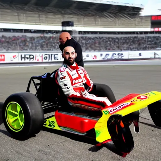 Image similar to Karim benzema in a formula 1 car racing Olivier giroud who's driving a kart