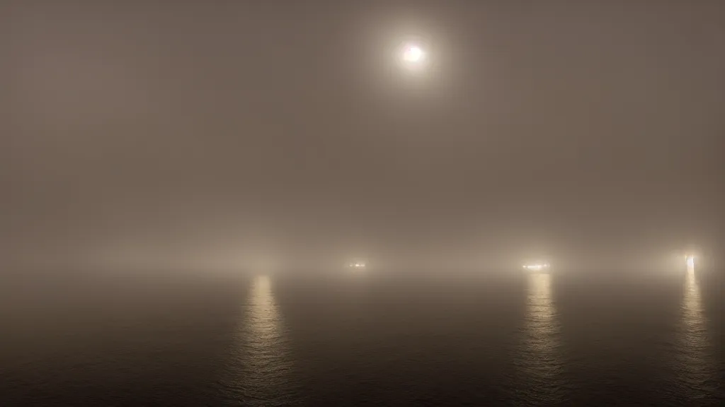 Image similar to photograph of a foggy underwater city at night by henri prestes, 4 k resolution