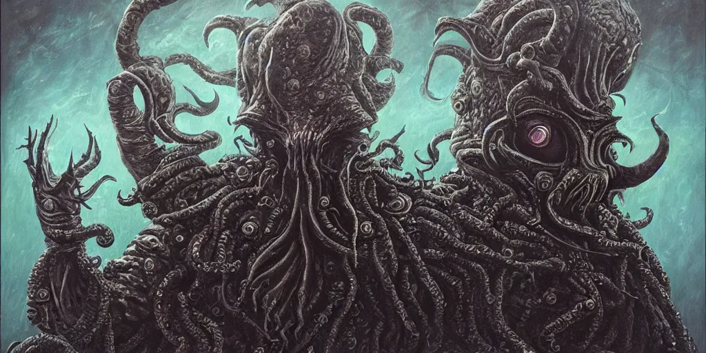 Image similar to A very detailed surreal fantasy horror painting of Cthulhu Vader by Manjit Bawa and Salvador Dali, trending on artstation, hyper detailed