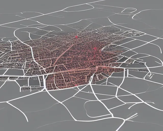 Prompt: 3 d model of london on fire, isometric, fire and smoke, air shot