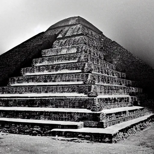 Image similar to Aztec pyramid, during an eclipse, with fires raging around