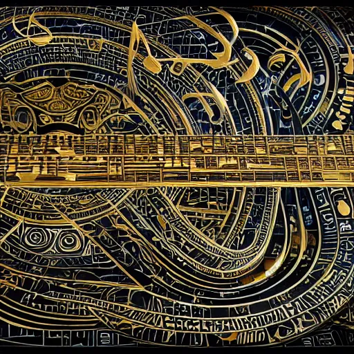 Prompt: hieroglyphic futuristic graffiti representing music score, intricate, complex, shiny, <gold>, high quality, high detail, artstation, 4k resolution