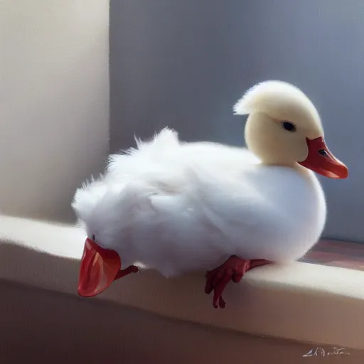 Prompt: cute white round duck, 4 k oil on linen by wlop, artgerm, andrei riabovitchev, nuri iyem, james gurney, james jean, greg rutkowski, highly detailed, soft lighting 8 k resolution