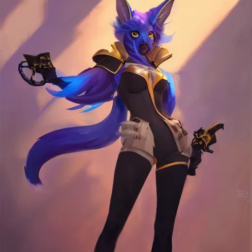 Image similar to greg manchess portrait painting of partially armored ahri as overwatch character, medium shot, asymmetrical, profile picture, organic painting, sunny day, matte painting, bold shapes, hard edges, street art, trending on artstation, by huang guangjian and gil elvgren and sachin teng