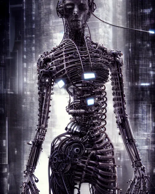 Image similar to portrait photo of a biomechanical torso of a cyborg plugged into a quantum computer with cables and wires and optic fibers. cyberpunk horror style. art by luis royo. highly detailed 8 k. intricate. nikon d 8 5 0 5 5 mm. award winning photography.