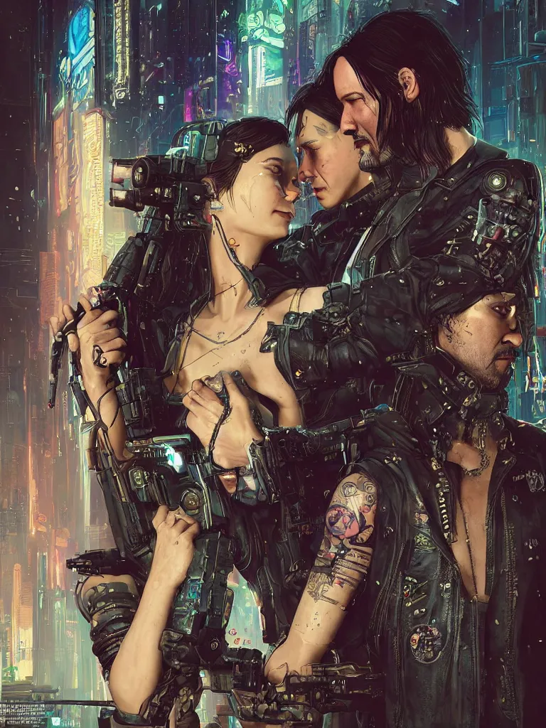 Prompt: a cyberpunk 2077 wedding couple portrait of Keanu Reeves and V kissed,love,film lighting,by Lawrence Alma-Tadema,Andrei Riabovitchev,Laurie Greasley,Dan Mumford, John Wick,Speed,Replicas,artstation,deviantart,FAN ART,full of color,Digital painting,face enhance,highly detailed,8K,octane,golden ratio,cinematic lighting