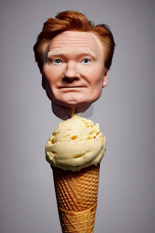 Image similar to 📷 conan o'brien the ice - cream cone 🍦, made of food, head portrait still image, dynamic lighting, 4 k