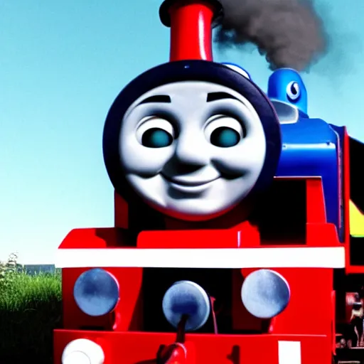 Prompt: deep fried super saturated Thomas the tank engine uncanny contrast meme hilarious