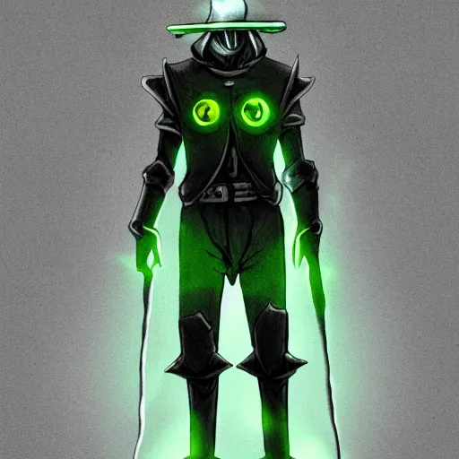 Image similar to sci - fi plague doctor power armor, inhumanly tall, inhumanly thin, black plate clawed hands, plague doctor mask, green glow eyes, green glowing trim, focused, plague, heavy armor, illustration, award winning, digital art, trending on artstation, incredible, highly detailed, fantasy, sci - fi