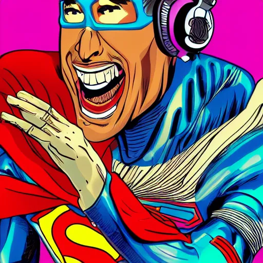 Prompt: artgerm, psychedelic laughing cybertronic superman, rocking out, headphones dj rave, digital artwork, r. crumb, svg vector