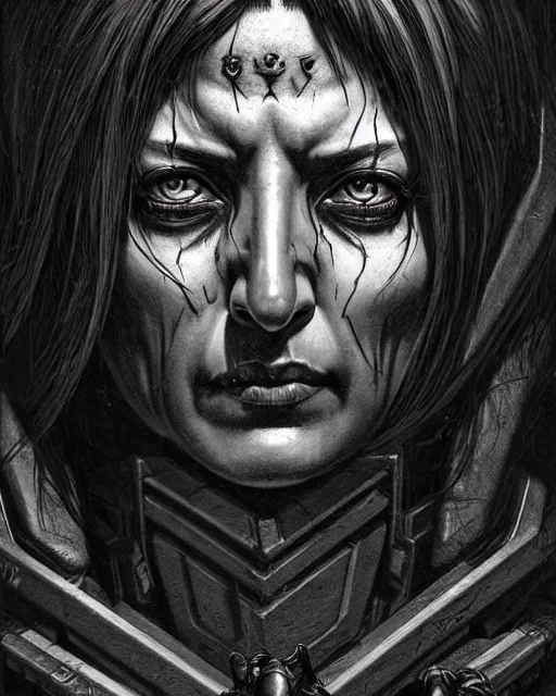 Image similar to pharah from overwatch, character portrait, portrait, close up, concept art, intricate details, highly detailed, horror poster, horror, vintage horror art, realistic, terrifying, in the style of michael whelan, beksinski, and gustave dore