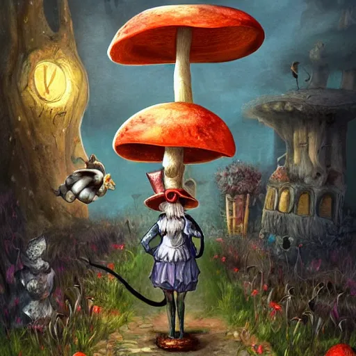 Image similar to Hell and heaven, captured in bottles, an elderly mushroom walking their pet snail, The Autumn Plague Gardener, the theme of Alice in Wonderland, digital painting, its softness partakes of fluidity, illustration, deep dark, artstation, intricate, biodiversity in a world of change and constancy, ue5, by deiv calviz and bossmonsterbani