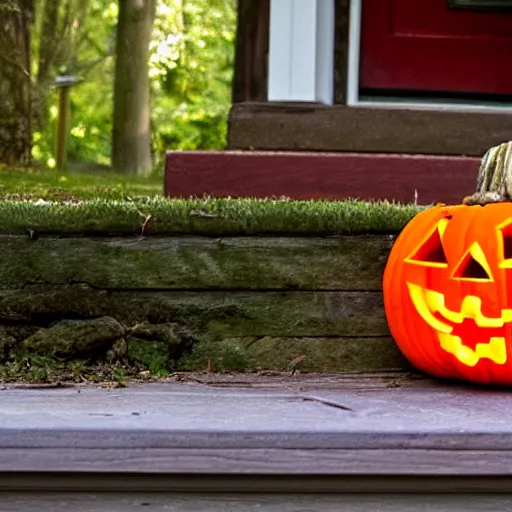 Image similar to movie still of a jack o lantern on the front porch of a house in the woods