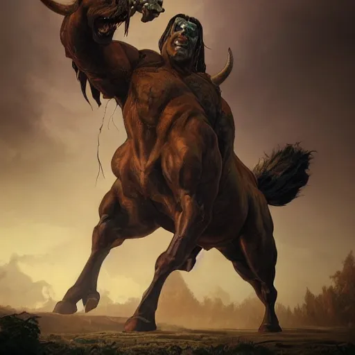 Prompt: a monstrous 40 foot tall bull-centaur, nightmare fuel, highly detailed, digital painting, artstation, concept art, sharp focus, illustration, cinematic lighting, art by artgerm and greg rutkowski and alphonse mucha