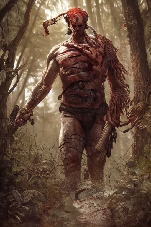 Image similar to portrait of dwight from dead by daylight as a herculian man, forest, full body, muscular, fantasy, intricate, elegant, highly detailed, digital painting, artstation, concept art, sharp focus, illustration, art by artgerm and greg rutkowski and alphonse mucha