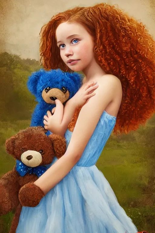 Image similar to a digital matte painting of an young beautiful face girl, with curly red hair, freckles, blue frilly dress holding teddy bear, by magali villeneuve