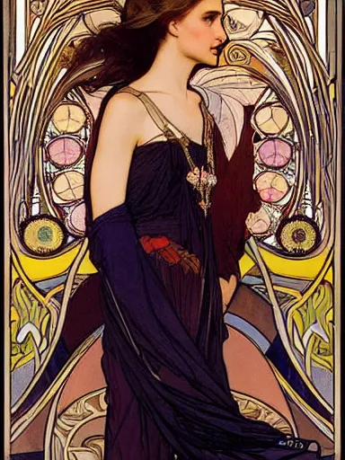 Image similar to a beautiful painting of natalie portman by Alphonse Mucha and by yoshitaka Amano and by Mark Brooks and by john william waterhouse and by arthur rackham, Art Nouveau, Neo-Gothic, gothic, award winning painting, hyperdetailed, detailed