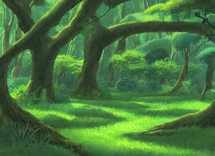 Prompt: A lush green forest by Ghibli Studio, digital art