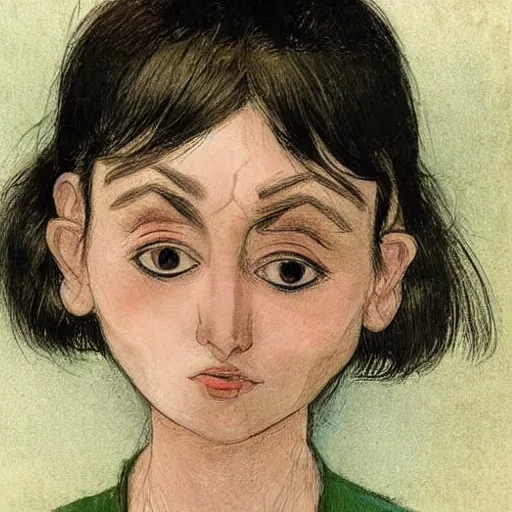 Prompt: a beautiful mixed mediart. she looks up at me, up and down. she has short - cropped hair, and a scar on her left cheekbone : just a line of black against her deep tan, precise and geometrical. her eyes are pale green. by tony diterlizzi, by mary cassatt doom