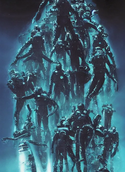 Image similar to astronauts divers in dark void underwater - complex and hyperdetailed technical suit design. reflection and dispersion materials. rays and dispersion of light. volumetric light. f / 3 2. noise film photo. flash photography. ultra realistic, 5 0 mm. poster by wayne barlowe, hajime sorayama aaron horkey, craig mullins