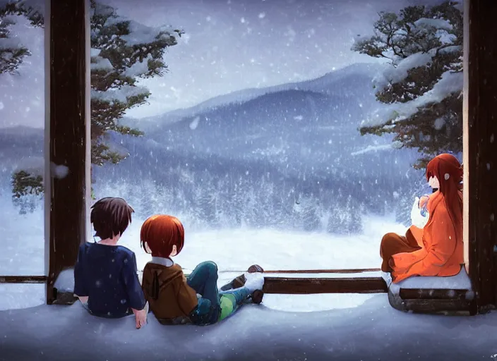 Image similar to a boy and a girl with long flowing auburn hair sitting together on the porch of a cabin on a mountain overlooking a snowy landscape. Atmospheric lighting, romantic, boy and girl, cold lighting, snowy. By Makoto Shinkai, Stanley Artgerm Lau, WLOP, Rossdraws, James Jean, Andrei Riabovitchev, Marc Simonetti, krenz cushart, Sakimichan, D&D trending on ArtStation, digital art.