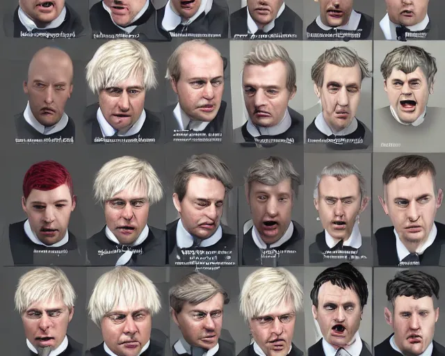 Prompt: boris johnson in 1 0 0 different styles, character art sheet, by various concept artists, redshift render, hyperrealistic face, photorealistic render