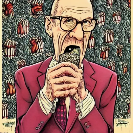 Prompt: The Artwork of R. Crumb and his Cheap Suit Orville Redenbacher tells you to eat his popcorn, pencil and colored marker artwork, trailer-trash lifestyle