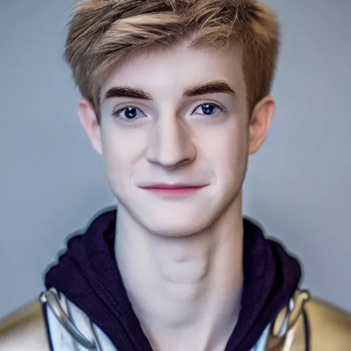 Image similar to “a realistic detailed photo of a guy who is an attractive humanoid who is half robot and half humanoid, who is a male android, twitch streamer Ninja Tyler Blevins, shiny skin, posing like a statue, blank stare, bedroom, close up”