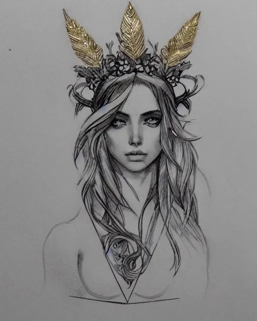 Image similar to tattoo design sketch of cute beautiful blonde super model as aphrodite greek goddess wearing a gold laurel wreath and triangle earrings, beautiful piercing gaze with sharp pupils, in the style of greg rutkowski, fantasy, amazing detail, epic, elegant, smooth, sharp focus, front view