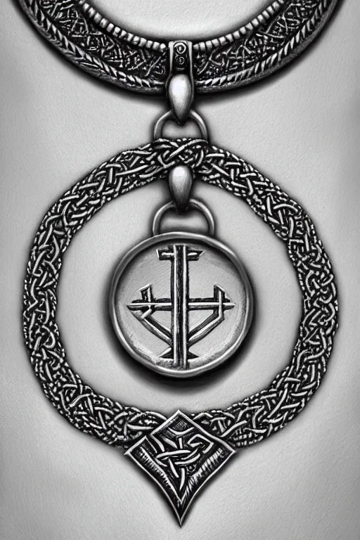 Prompt: Necklace made of silver,nordic, Viking, runes engraved, Cooper lining ,intricate, elegant, highly detailed, digital painting, artstation, concept art, addiction, chains, smooth, sharp focus, illustration, art by Ilja Repin