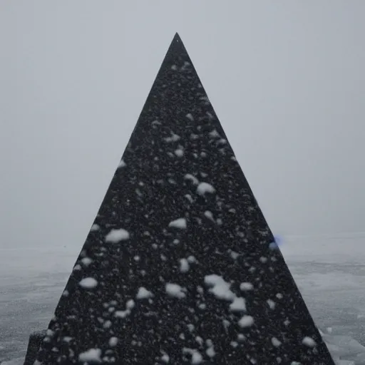Prompt: a large obelisk on a ice plain. snowing, overcast sky, grainy.