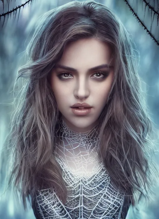 Image similar to a gorgeous female cover with spider webs photo, professionally retouched, soft lighting, realistic, smooth face, full body shot, torso, dress, perfect eyes, wide angle, sharp focus on eyes, 8 k high definition, insanely detailed, intricate, elegant, art by artgerm and jason chan and mark litvokin