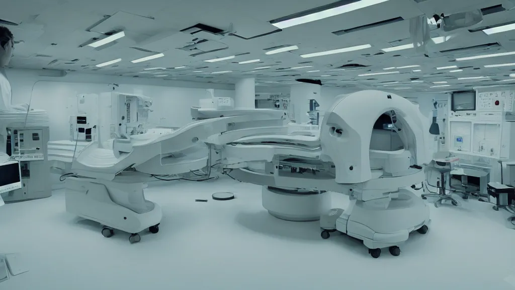 Image similar to a huge mri machine and control panels in the inspection room, film still from the movie directed by denis villeneuve with art direction by salvador dali, wide lens