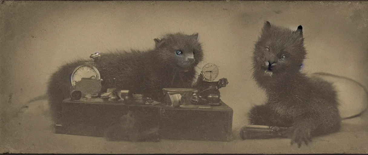 Image similar to detailed daguerreotype of a honey badger as watchmaker in workshop, stempunk laboratory, vintage style, wet collodion, stempunk, sepia, monochrome black and white, artistic photo from late xix century, high resolution, dark atmosphere