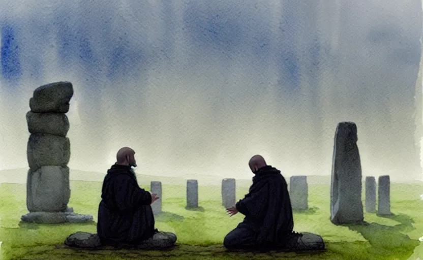 Image similar to a hyperrealist watercolour character concept art portrait of one small grey medieval monk kneeling down in prayer in front of a complete stonehenge monument on a misty night. a huge stone is in the sky. by rebecca guay, michael kaluta, charles vess and jean moebius giraud