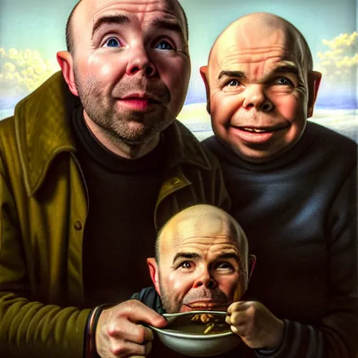 Image similar to oil portrait of karl pilkington and warwick davis, best friends on a travel show. oil painting, highly detailed, centered, artstation, concept art, smooth, sharp focus, illustration, artgerm, vermeer, hans peter mohrbacher, donato giancola, joseph christian leyendecker, drew struzan