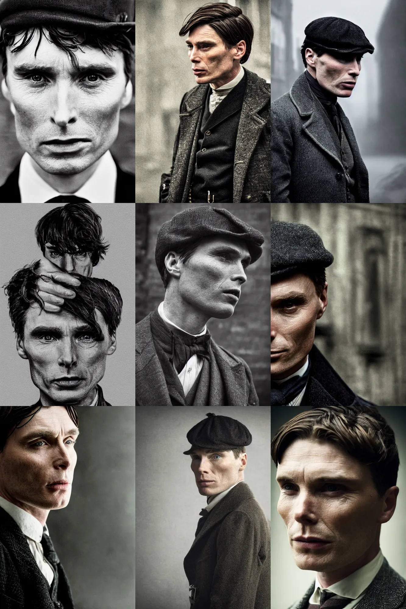 Prompt: portrait happy Cillian Murphy in Peaky Blinders beautiful face, Perfect detailed face, front view dramatic, gloomy, dark, bleak, cheerless, desolate, impressive, tragic, cinematic dull colours, dark colour scheme, atmospheric by Christopher Nolan