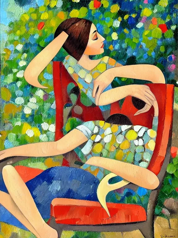 Image similar to figurative oil painting of a woman relaxing in a chair in her garden, art by didier lourenco, spanish modernism style, patterned background, balanced and aesthetically pleasing natural colors