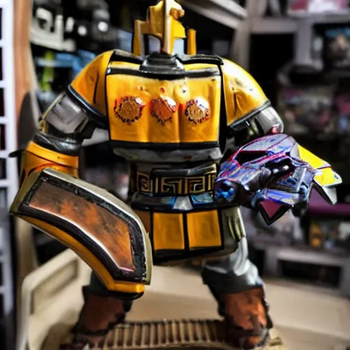 Prompt: full - color photo of a transformers toy that is a roman soldier which transforms into a horse - drawn chariot, displayed on a shelf in a toy store.