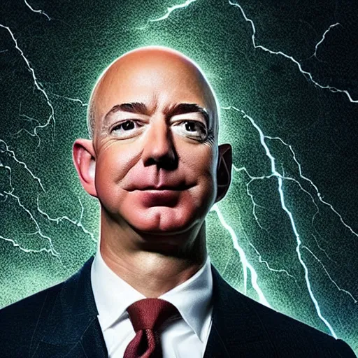 Prompt: a dramatically lit dutch angle portrait of Jeff Bezos covering himself with turtle wax in a thunderstorm.