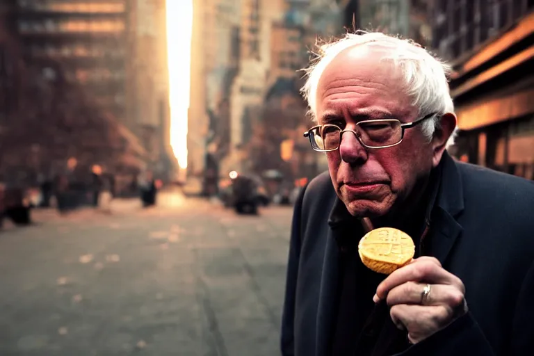 Image similar to closeup potrait of bernie sanders offering a werther's original in a smoky new york street, screen light, sharp, detailed face, magazine, press, photo, Steve McCurry, David Lazar, Canon, Nikon, focus