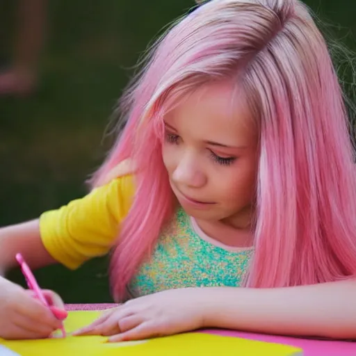 Image similar to girl with yellow hair and pink dress, kids drawing