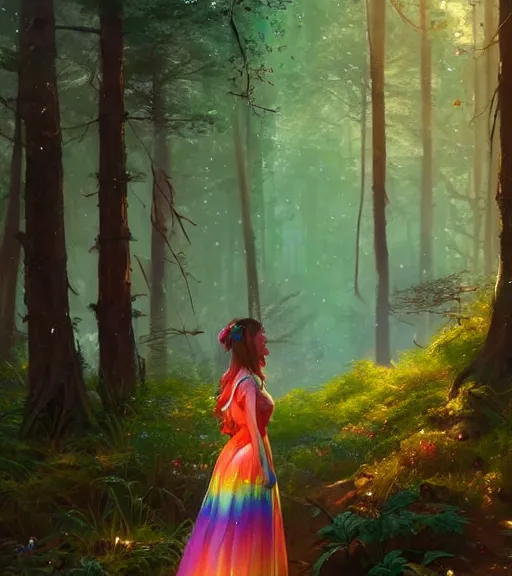 Image similar to highly detailed portrait of women wearing rainbow gown in middle of colorful forest in gta v, stephen bliss, unreal engine, fantasy art by greg rutkowski, loish, rhads, ferdinand knab, makoto shinkai and lois van baarle, ilya kuvshinov, rossdraws, tom bagshaw, global illumination, radiant light, detailed and intricate environment